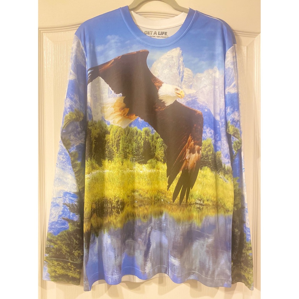 Get A Life Mens Bald Eagle Mountain Lake All Over Print‎ Long Sleeve Shirt Large